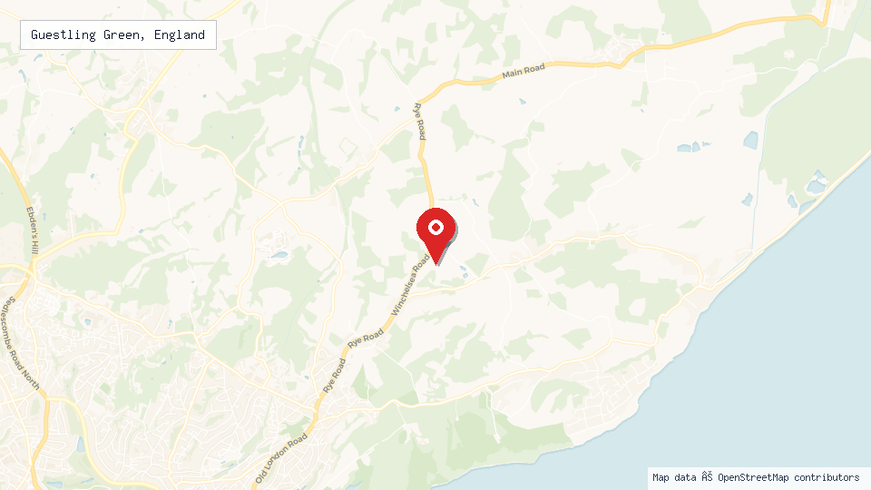Street map of Guestling Green, England with location pin