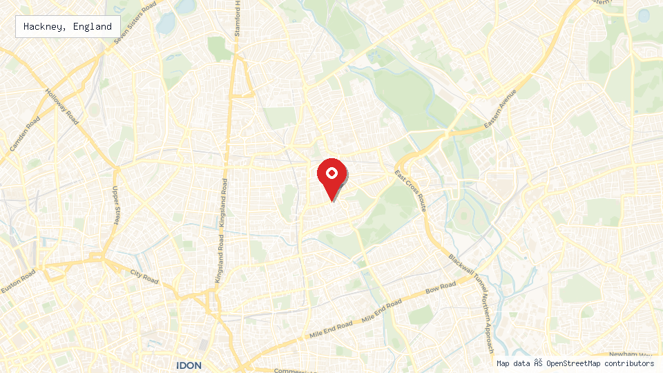 Street map of Hackney, England with location pin