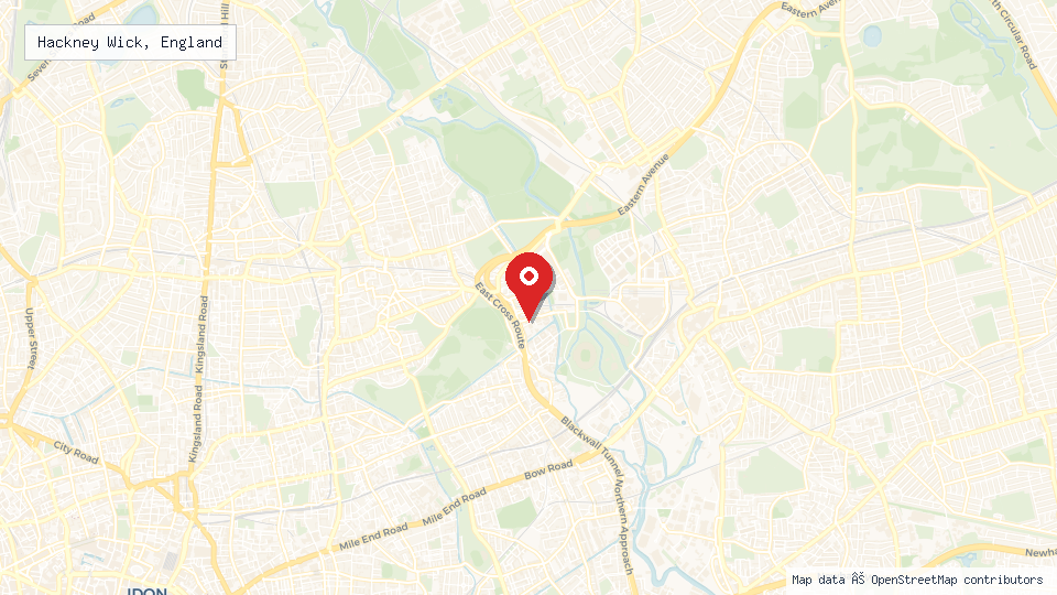 Street map of Hackney Wick, England with location pin