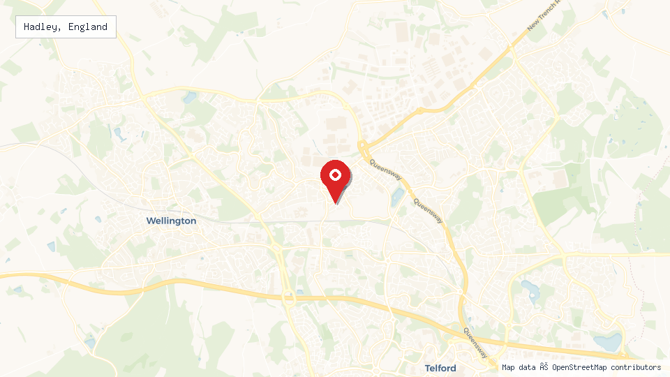 Street map of Hadley, England with location pin