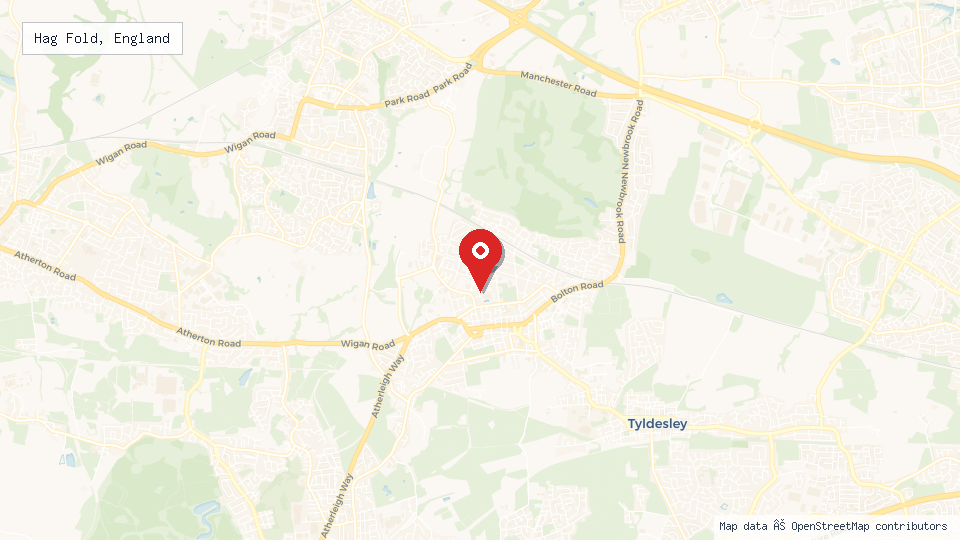 Street map of Hag Fold, England with location pin