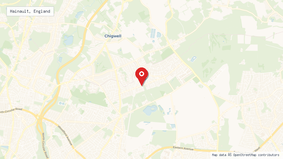 Street map of Hainault, England with location pin