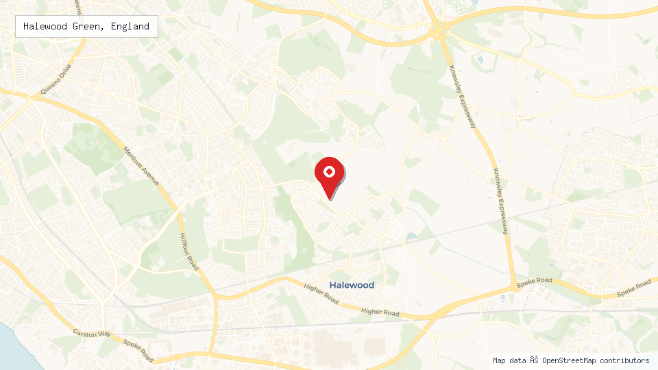 Street map of Halewood Green, England with location pin