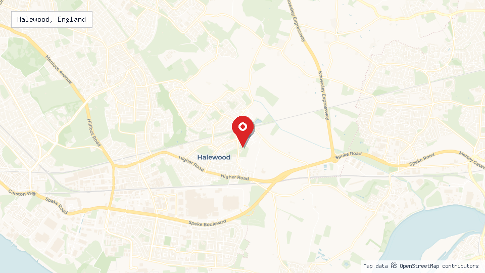 Street map of Halewood, England with location pin
