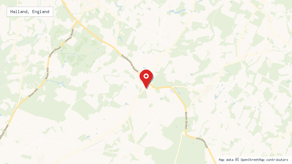 Street map of Halland, England with location pin