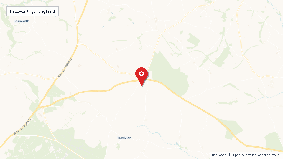Street map of Hallworthy, England with location pin