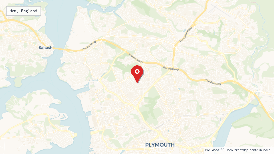 Street map of Ham, England with location pin