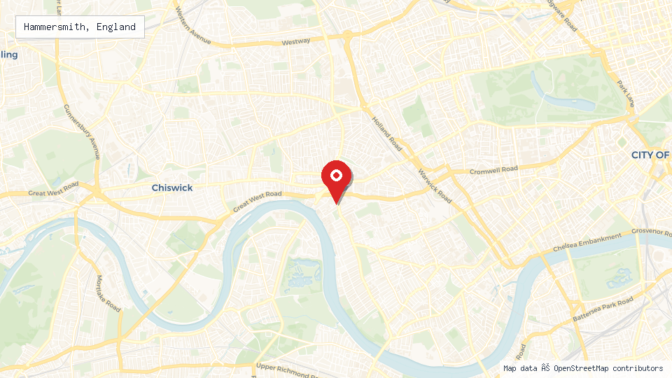 Street map of Hammersmith, England with location pin