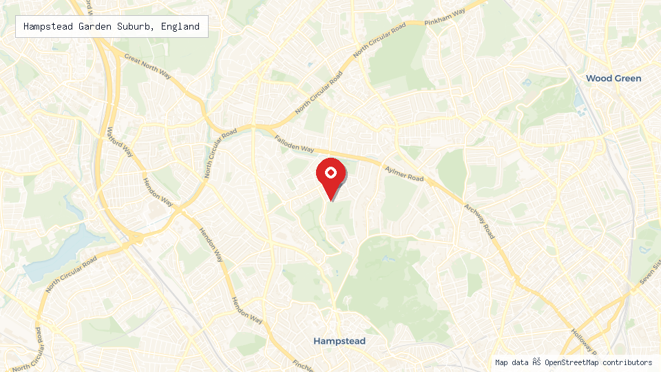 Street map of Hampstead Garden Suburb, England with location pin