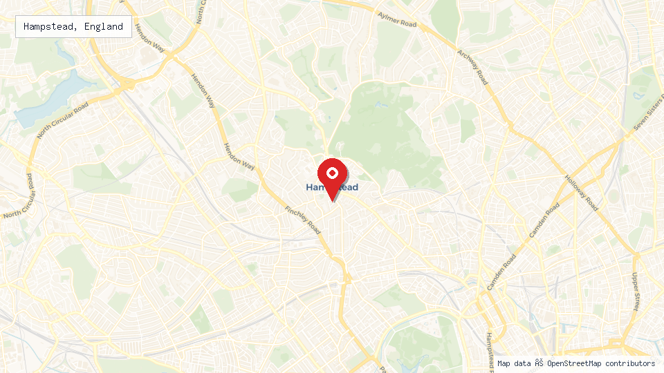 Street map of Hampstead, England with location pin