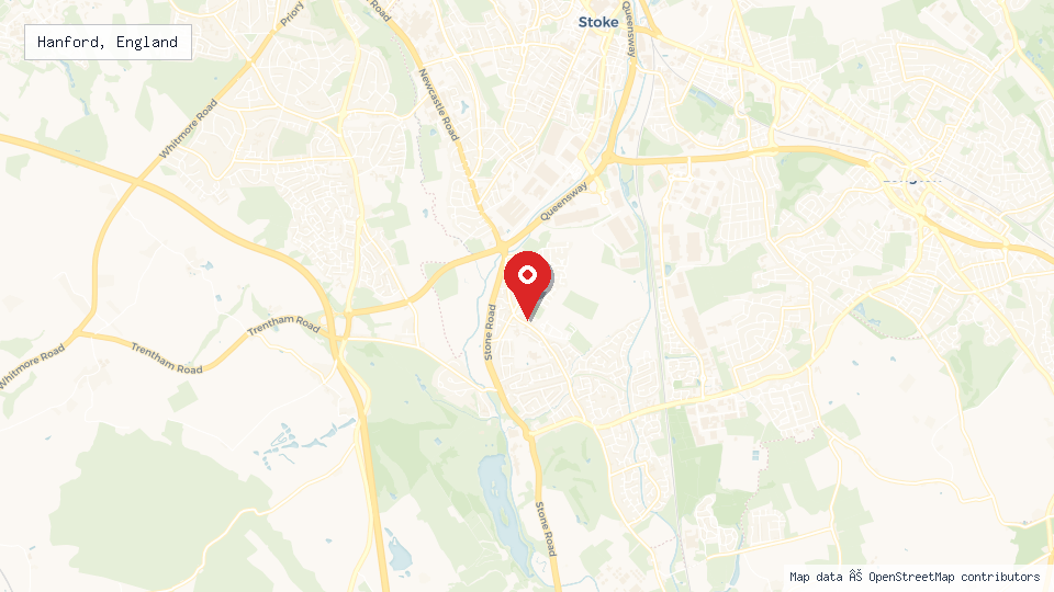 Street map of Hanford, England with location pin