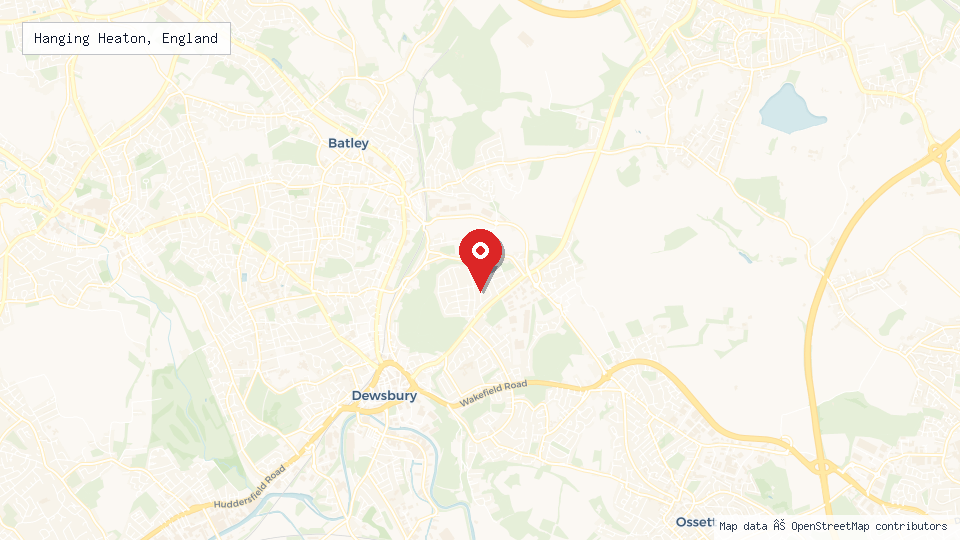 Street map of Hanging Heaton, England with location pin