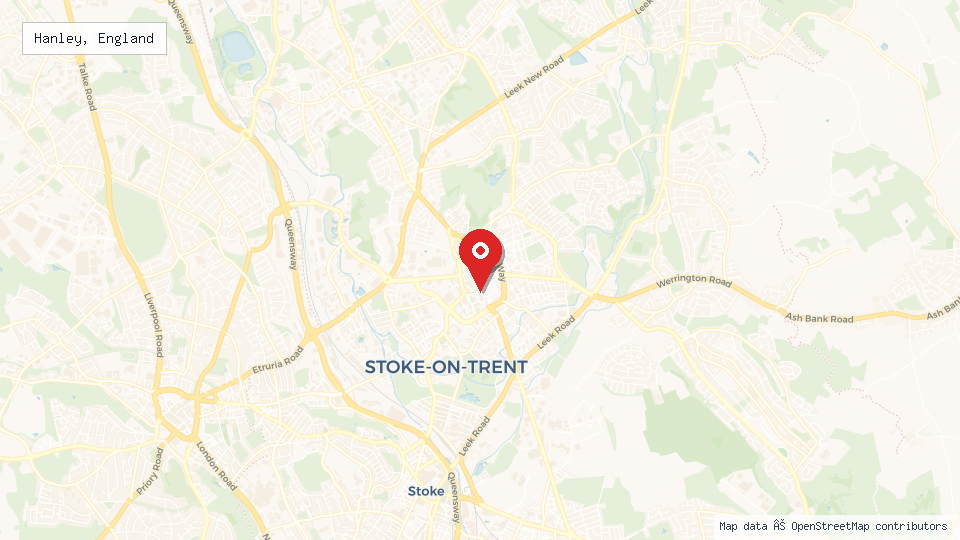 Street map of Hanley, England with location pin