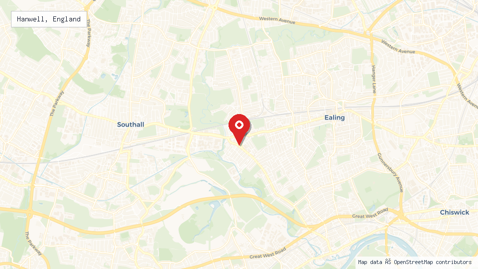 Street map of Hanwell, England with location pin