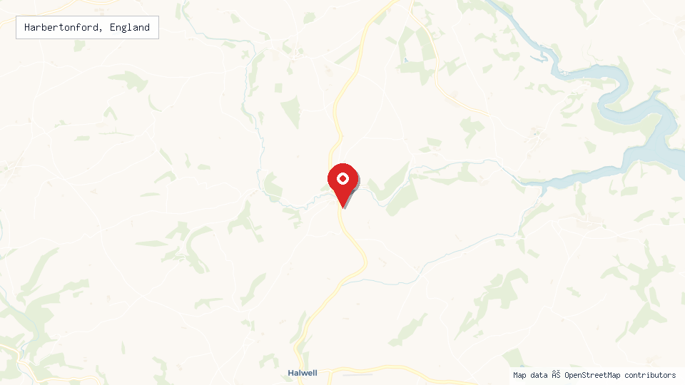 Street map of Harbertonford, England with location pin