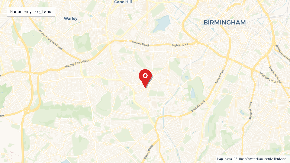 Street map of Harborne, England with location pin