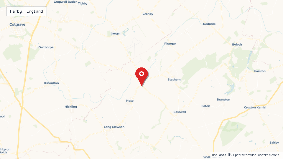 Street map of Harby, England with location pin