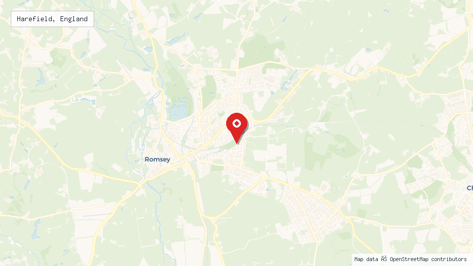 Street map of Harefield, England with location pin