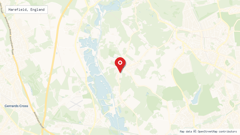 Street map of Harefield, England with location pin