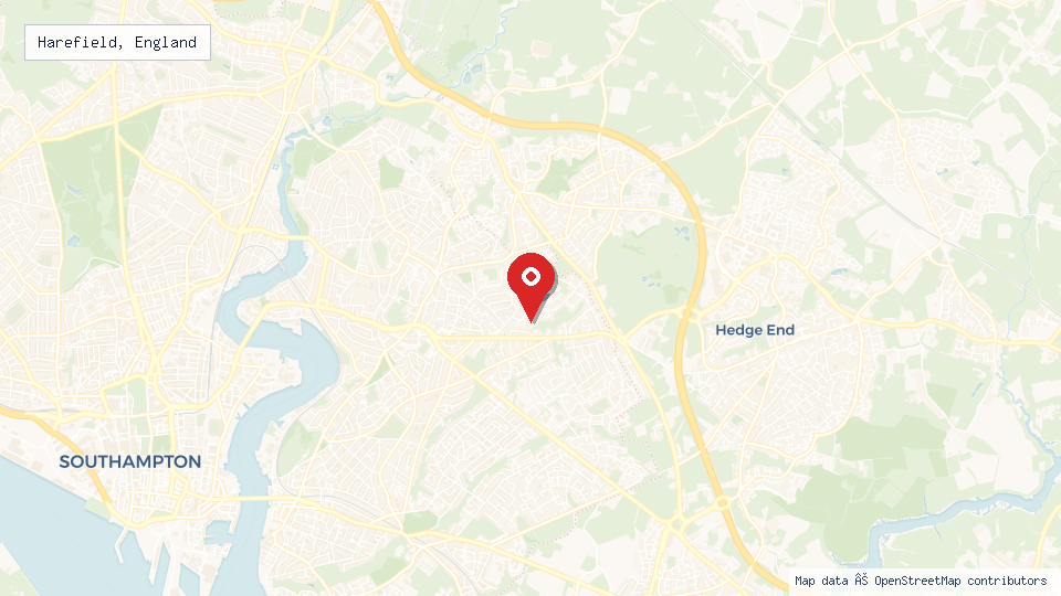 Street map of Harefield, England with location pin