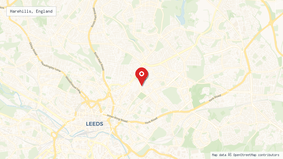 Street map of Harehills, England with location pin