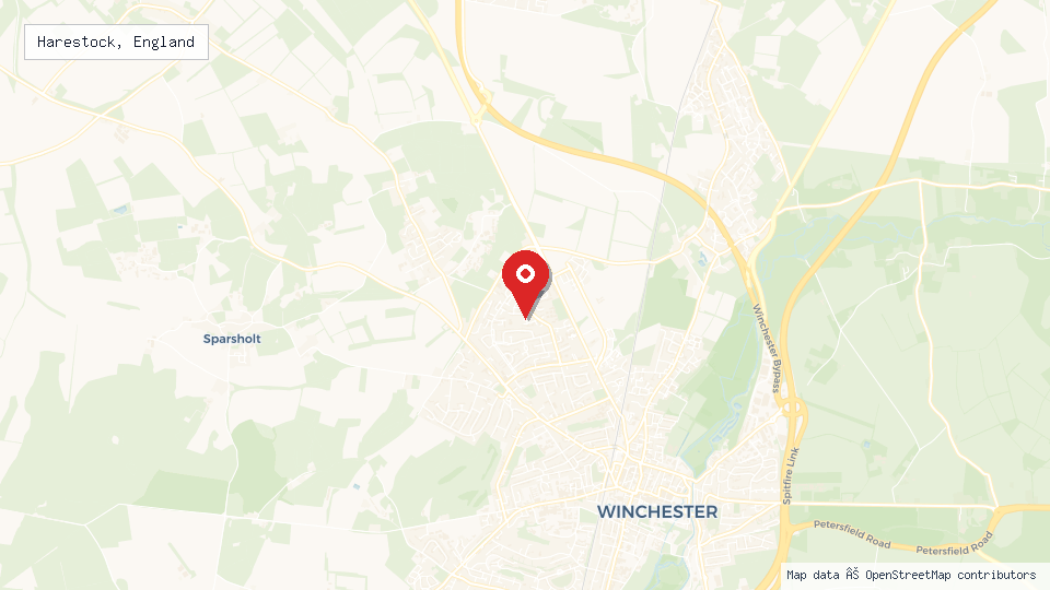 Street map of Harestock, England with location pin