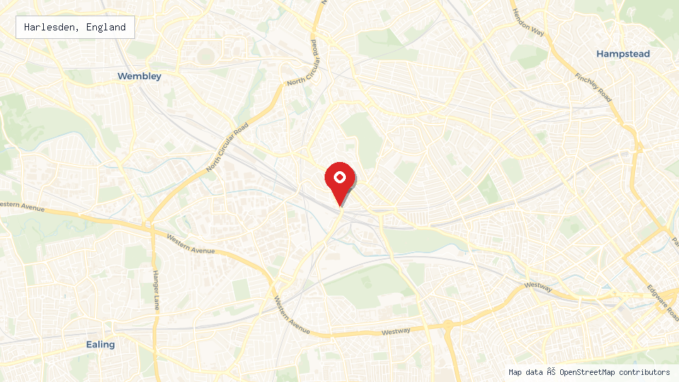 Street map of Harlesden, England with location pin