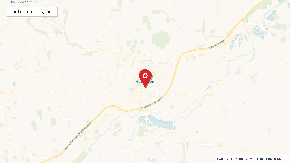 Street map of Harleston, England with location pin