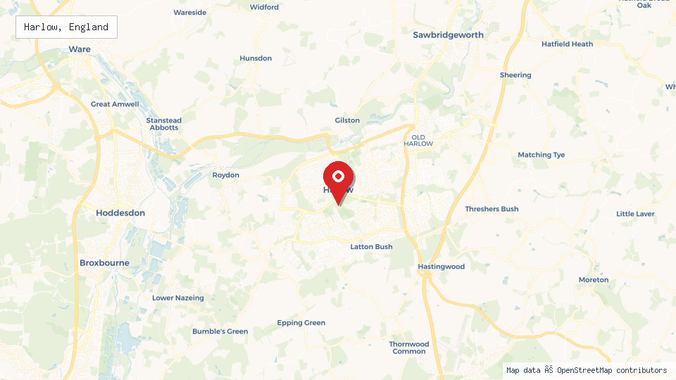 Street map of Harlow, England with location pin