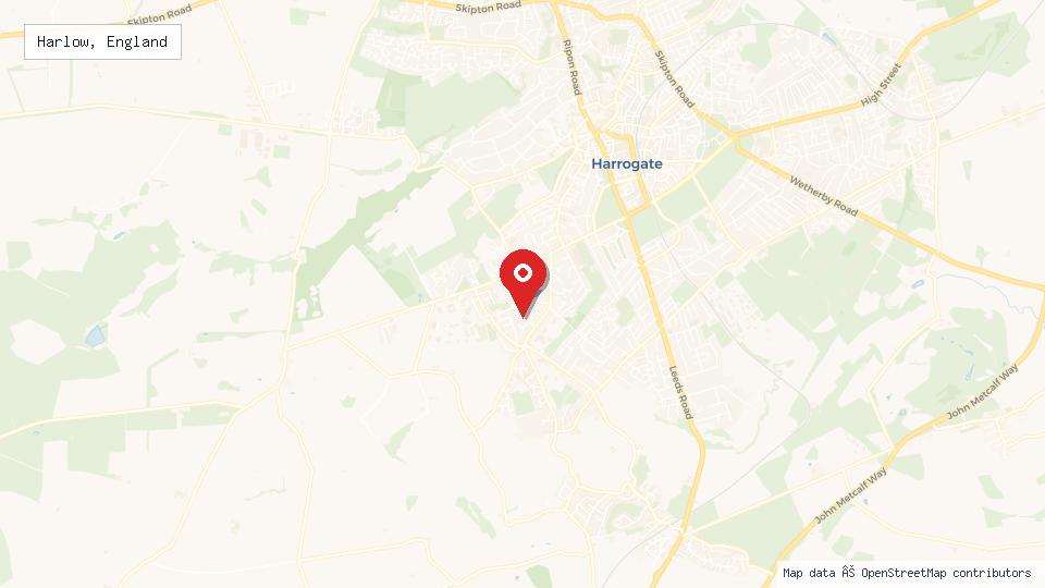 Street map of Harlow, England with location pin