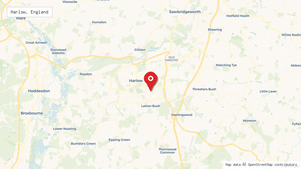 Street map of Harlow, England with location pin