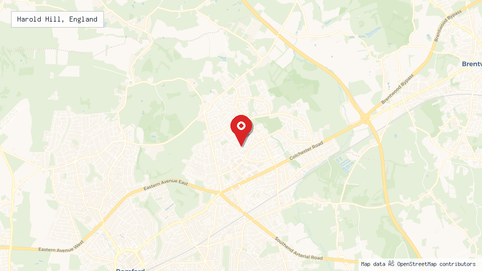 Street map of Harold Hill, England with location pin