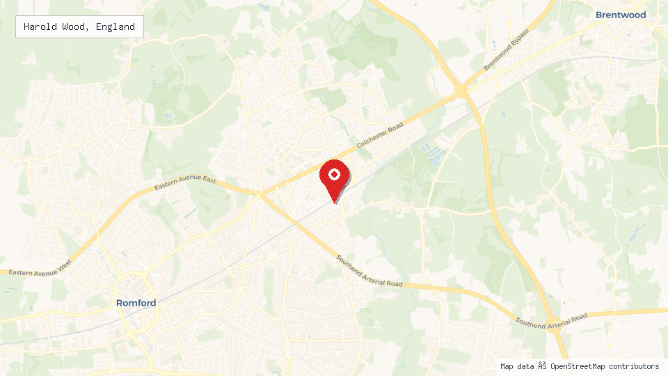 Street map of Harold Wood, England with location pin