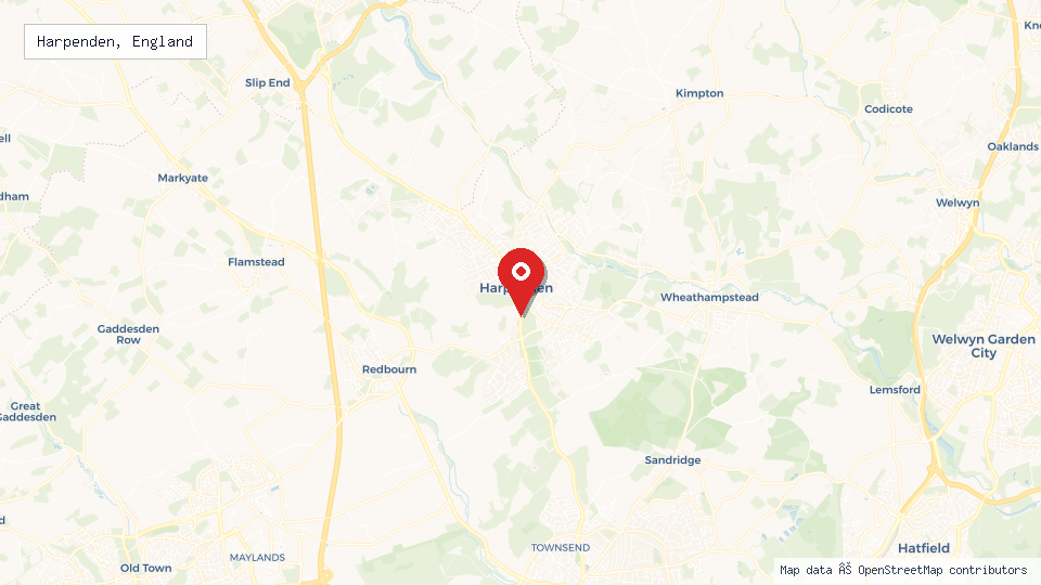 Street map of Harpenden, England with location pin