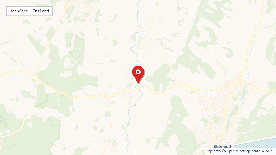 Street map of Harpford, England with location pin