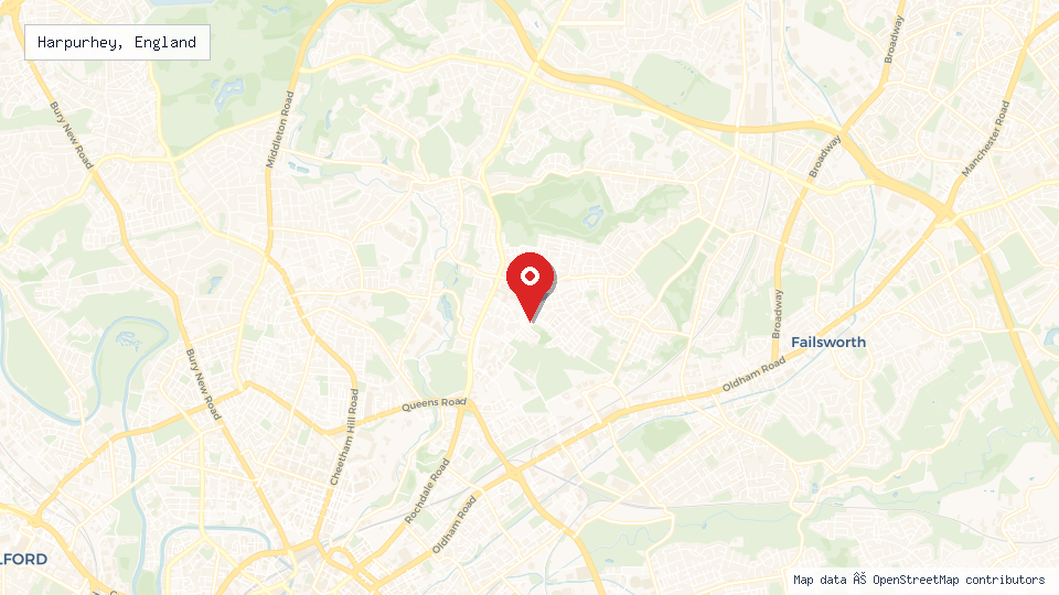Street map of Harpurhey, England with location pin