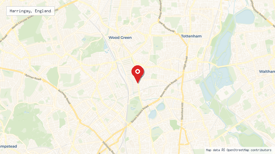 Street map of Harringay, England with location pin