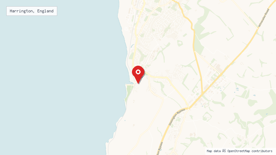 Street map of Harrington, England with location pin