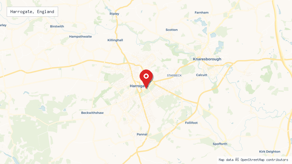 Street map of Harrogate, England with location pin