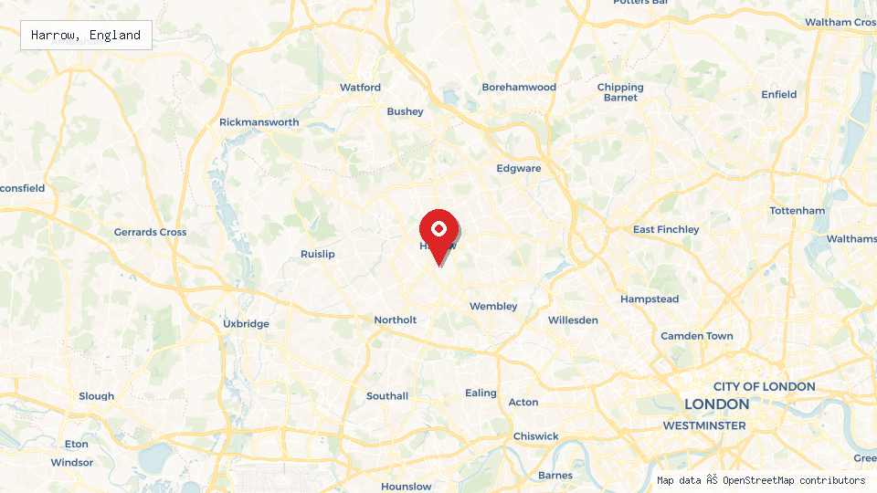 Street map of Harrow, England with location pin