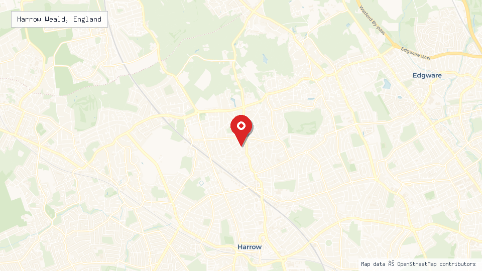 Street map of Harrow Weald, England with location pin