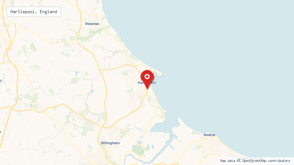 Street map of Hartlepool, England with location pin