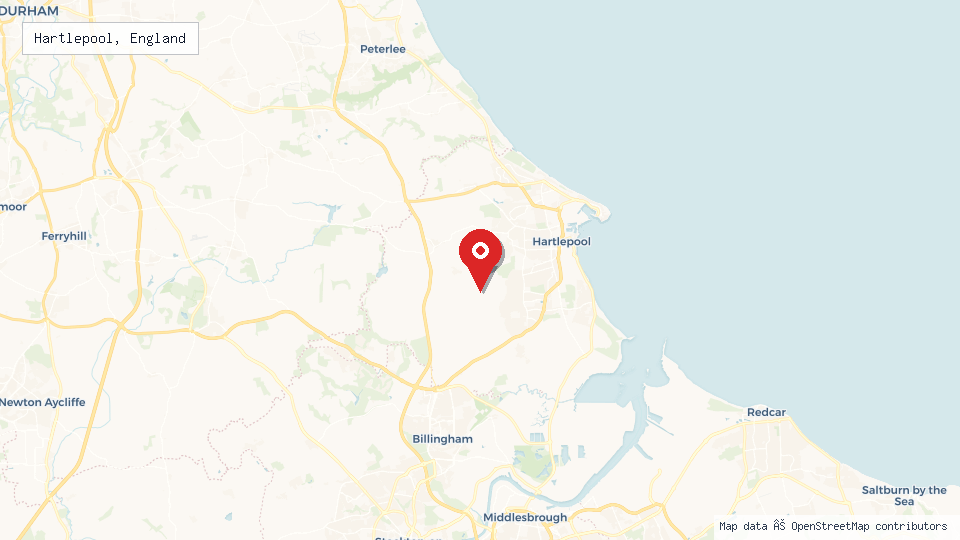 Street map of Hartlepool, England with location pin