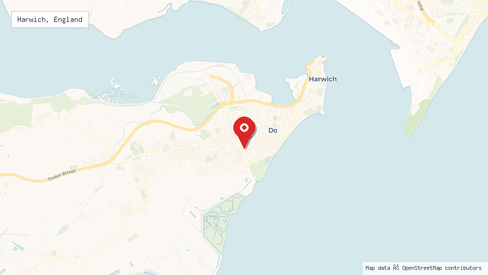 Street map of Harwich, England with location pin