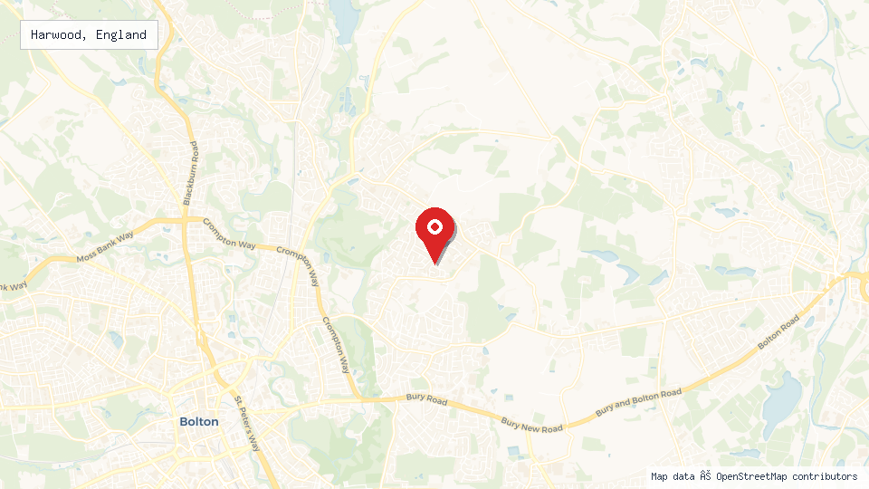 Street map of Harwood, England with location pin