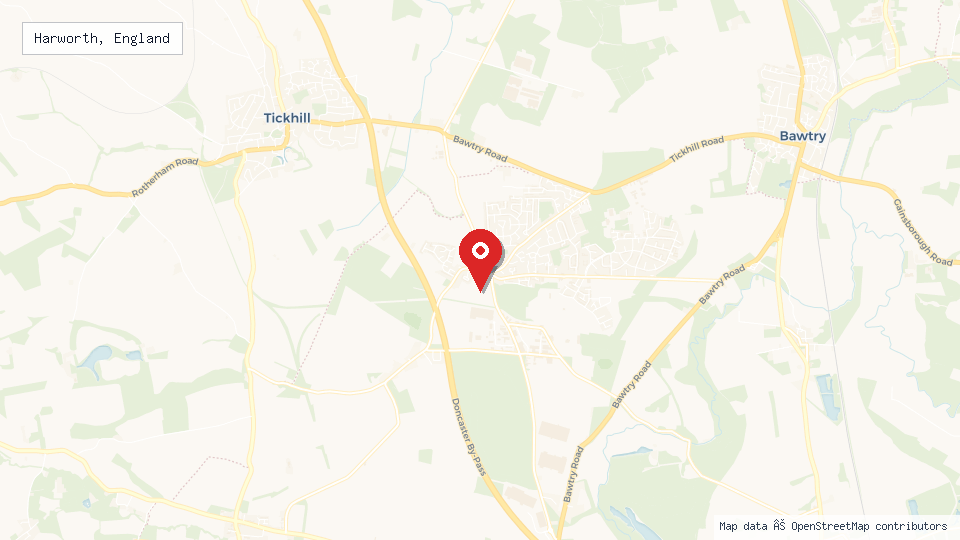 Street map of Harworth, England with location pin