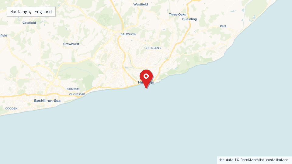 Street map of Hastings, England with location pin