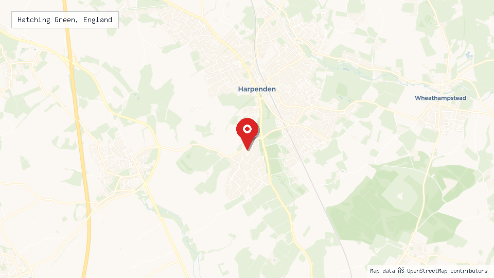 Street map of Hatching Green, England with location pin