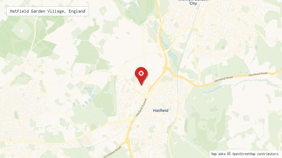 Street map of Hatfield Garden Village, England with location pin