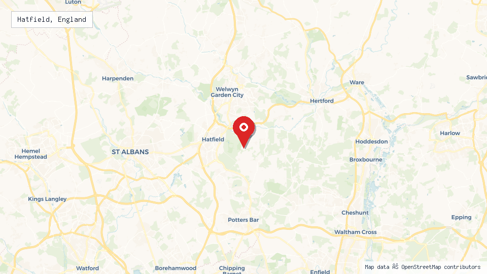 Street map of Hatfield, England with location pin
